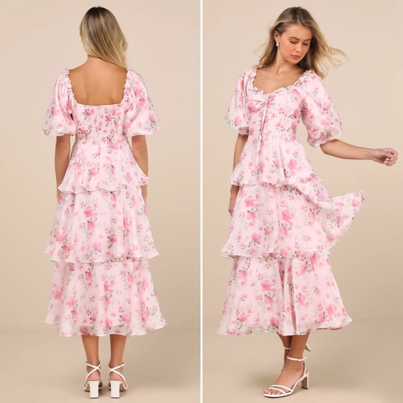 Lulus Dresses & Skirts - Lulus Romilly Light Pink Floral Tiered Midi Dress Size Medium